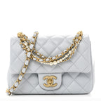 Shiny Lambskin Quilted Pearl Twist Mini Square Flap Light Blue