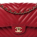 Caviar Chevron Quilted Medium Double Flap Red
