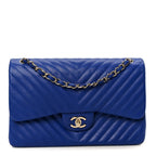 Lambskin Chevron Quilted Jumbo Double Flap Navy Blue