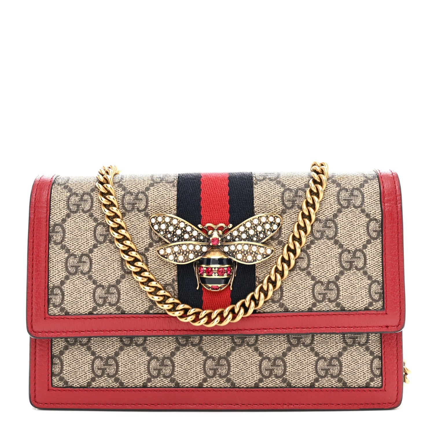 GG Supreme Monogram Web Queen Margaret Chain Wallet Red