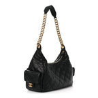 Shiny Lambskin Quilted Trendy Pockets Hobo Black