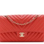 Lambskin Chevron Quilted Medium Double Flap Red