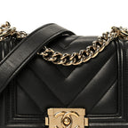 Lambskin Chevron Quilted Mini Boy Flap  Black