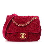 Velvet Camellia Embossed Mini Square Flap Fushia