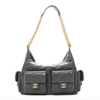 Shiny Lambskin Quilted Large Trendy Pockets Hobo Grey