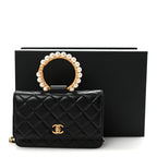 Lambskin Quilted Pearl Crown Wallet On Chain WOC Black