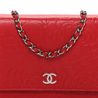 Lambskin Camellia Embossed Wallet on Chain WOC Red