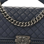 Calfskin Quilted Medium Top Handle Boy Flap Blue