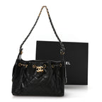 Shiny Crumpled Calfskin Quilted Mini Chanel 25 Handbag Black