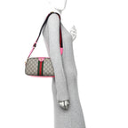 GG Supreme Monogram Textured Dollar Calfskin Web Ophidia Small Crossbody Bag Beige Ebony Fuchsia