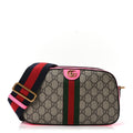 GG Supreme Monogram Textured Dollar Calfskin Web Ophidia Small Crossbody Bag Beige Ebony Fuchsia