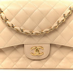 Caviar Quilted Jumbo Double Flap Beige