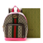 GG Supreme Monogram Textured Dollar Calfskin Web Small Ophidia Day Backpack Beige Ebony Fluorescent Fuchsia