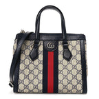 GG Supreme Monogram Textured Dollar Calfskin Web Small Ophidia Tote Bag Beige Blue