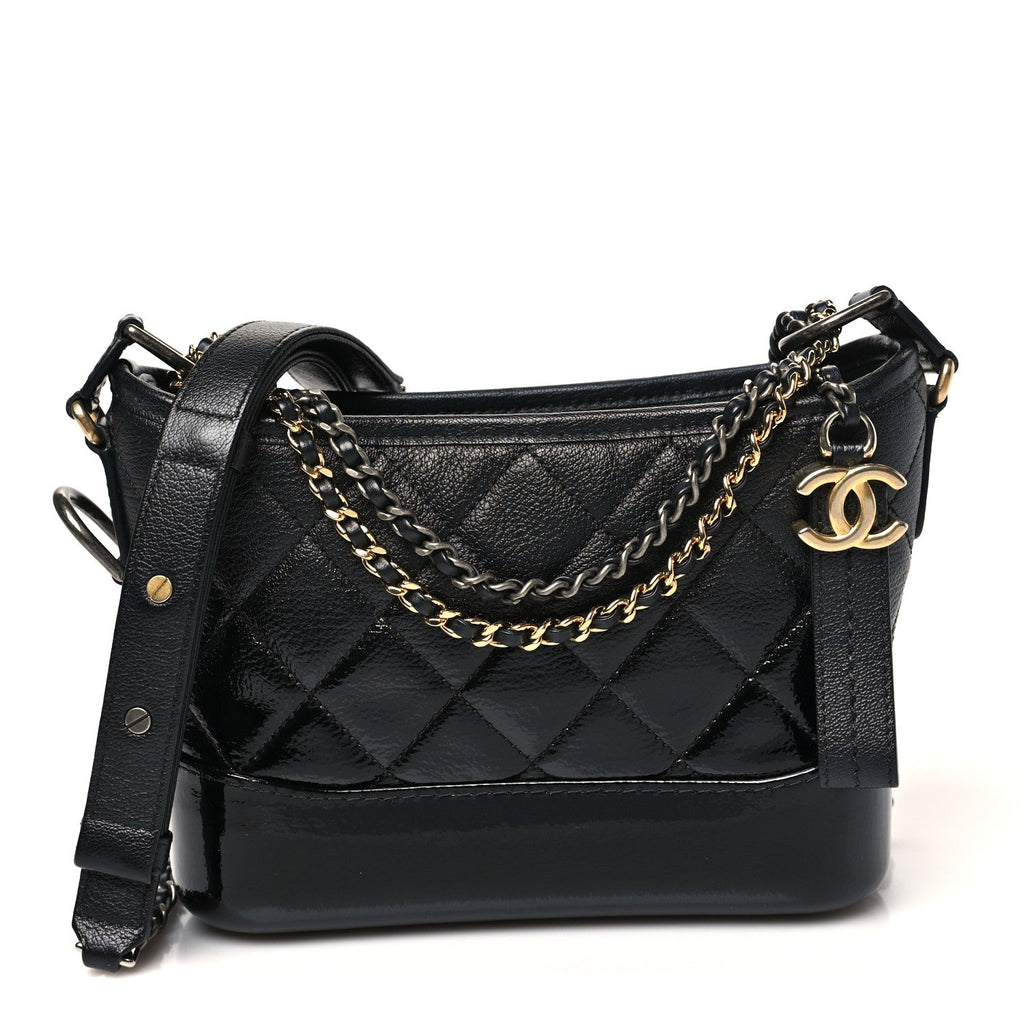 Patent Goatskin Quilted Small Gabrielle Hobo Black