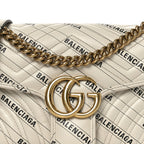 X BALENCIAGA Calfskin Matelasse Logo Print Small GG Marmont Shoulder Bag White