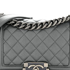 Metallic Calfskin Quilted Small Boy Flap Dark Silver