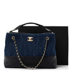 Tweed Shiny Lambskin Quilted Coco Base Small Shopping Bag Dark Blue