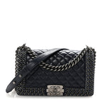 Glazed Calfskin Quilted Medium Boy Chained Flap Blue
