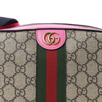 GG Supreme Monogram Textured Dollar Calfskin Web Ophidia Small Crossbody Bag Beige Ebony Fuchsia