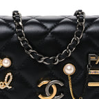 Lambskin Quilted Coco Clips Mini Wallet On Chain WOC Black