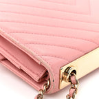 Lambskin Chevron Quilted Trendy CC Wallet On Chain WOC Pink