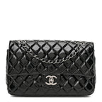 Distressed Patent Quilted Medium Double Flap Black
