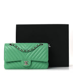Caviar Chevron Quilted Medium Double Flap Green