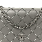 Lambskin Crystal Quilted Wallet On Chain WOC Grey