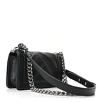 Calfskin Perforated Chevron Quilted Small Boy Flap Black