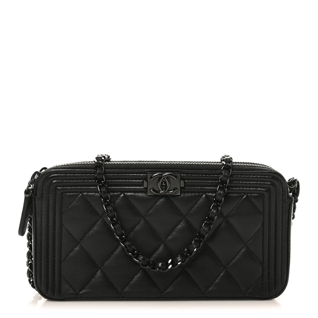 Lambskin Quilted Small Boy Clutch With Chain So Black