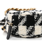 Wool Tweed Lambskin Quilted Chanel 19 Round Clutch With Chain and Coin Purse Black White