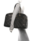 Shiny Grained Calfskin Quilted Large Travel Bowling Bag Black