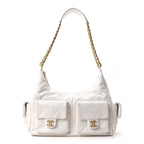 Shiny Lambskin Quilted Trendy Pockets Hobo White