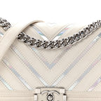 Lambskin Iridescent PVC Chevron Quilted Medium Boy Flap White Silver