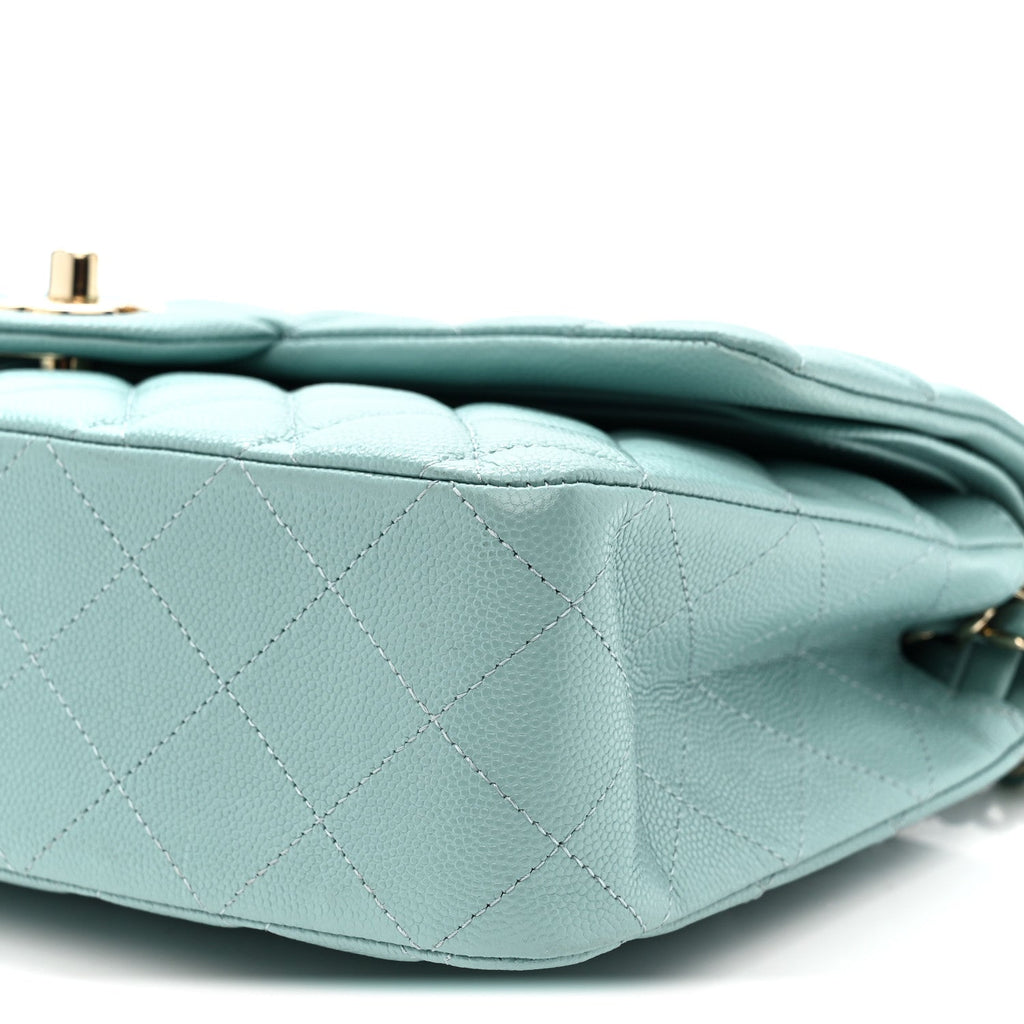 Caviar Quilted Medium Double Flap Light Blue
