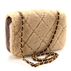Shearling Lambskin Quilted Furry Coco Flap Beige Dark Brown
