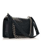 Lambskin Braided Woven Medium Boy Flap Black