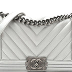 Metallic Caviar Chevron Quilted Medium Boy Flap Silver