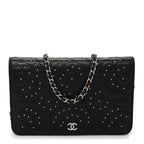 Lambskin Camellia Studded Wallet on Chain WOC Black