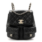 Shiny Caviar Quilted Medium Duma Pockets Drawstring Backpack Black