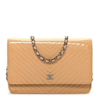 Patent Calfskin Chevron Quilted Wallet On Chain WOC Beige