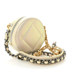 Iridescent Calfskin Quilted Chanel 19 Round Clutch With Chain White