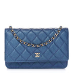 Iridescent Caviar Quilted Wallet on Chain WOC Dark Blue