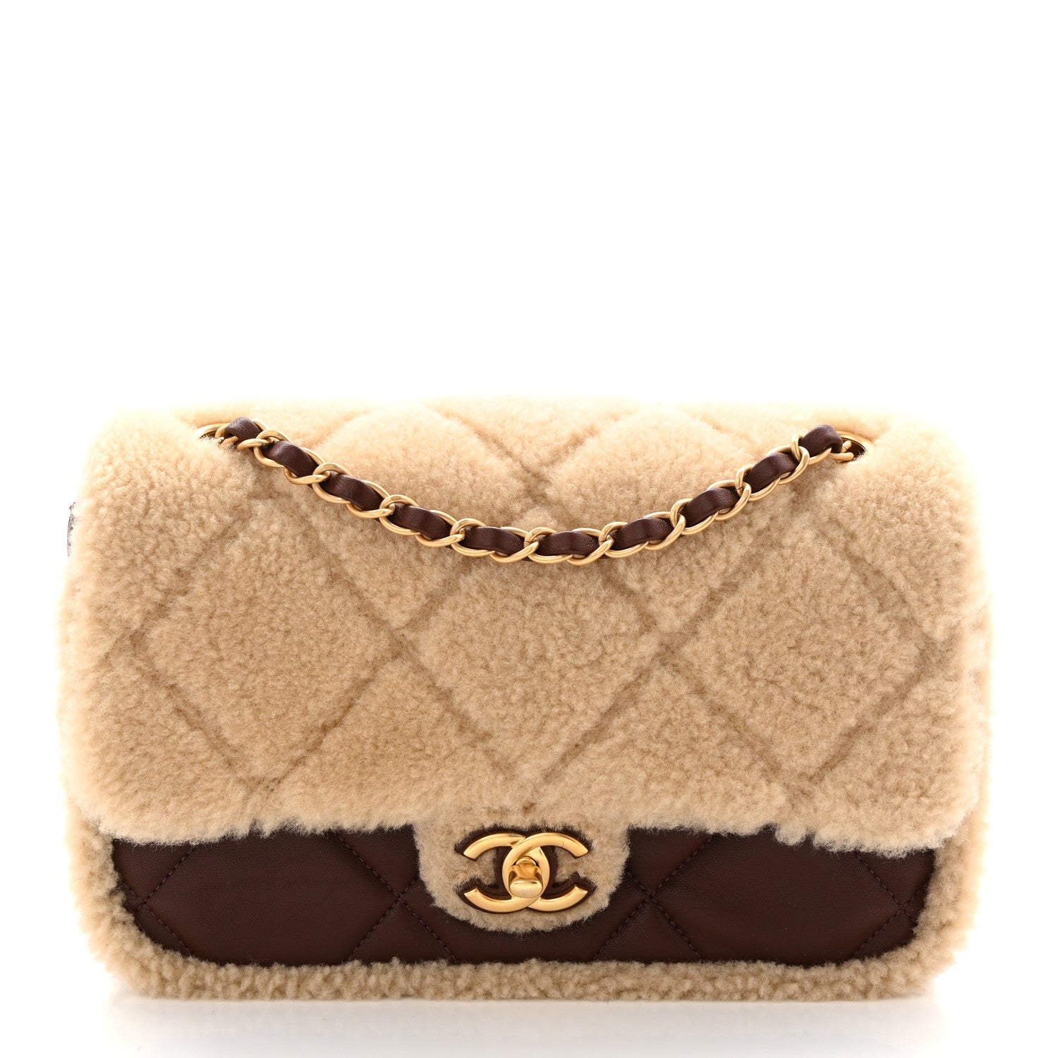 Shearling Lambskin Quilted Furry Coco Flap Dark Brown Beige
