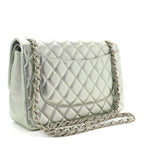 Metallic Lambskin Quilted Jumbo Double Flap Green