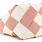 Calfskin Suede Gingham Woven Basket Bag Soft Pink White