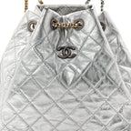 Metallic Crumpled Calfskin Quilted Small Gabrielle Backpack Silver