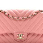 Caviar Flat Chevron Quilted Medium Double Flap Pink