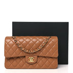 Lambskin Quilted Medium Double Flap Brown